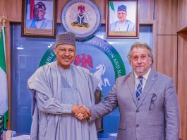 Honourable Minister of Information and National Orientation, Mohammed Idris, fnipr (left), welcomes the Ambassador of the Argentine Republic to Nigeria, H.E. Nicolás Perazzo Naón (right), during a courtesy visit to the Ministry on October 8, 2025, in Abuja.