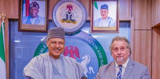 Honourable Minister of Information and National Orientation, Mohammed Idris, fnipr (left), welcomes the Ambassador of the Argentine Republic to Nigeria, H.E. Nicolás Perazzo Naón (right), during a courtesy visit to the Ministry on October 8, 2025, in Abuja.