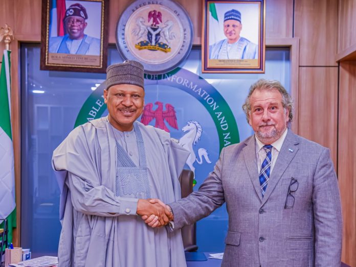 Honourable Minister of Information and National Orientation, Mohammed Idris, fnipr (left), welcomes the Ambassador of the Argentine Republic to Nigeria, H.E. Nicolás Perazzo Naón (right), during a courtesy visit to the Ministry on October 8, 2025, in Abuja.