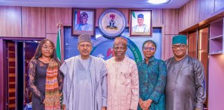 Honourable Minister of Information and National Orientation, Mohammed Idris (2nd left), in a group photograph with representatives of the Abdullahi Omaki Community Peace Initiatives Network during a courtesy visit to the Ministry in Abuja on October 8, 2025. With him are Amb. Abdullahi A. Omaki, EVC/Founder, Abdullahi Omaki Community Peace Initiatives Network (3rd left); Sir Bola Abimbola, Member, Board of Trustees (1st right); Mrs. Panritmwa Haryy-Odoh, Programme Officer (2nd right); and Patience Ikoro, Executive Assistant (1st left).