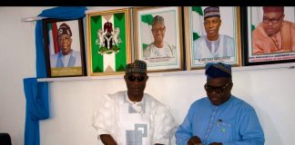 The Executive Director, NIWRMC, Dr. Abdulmumini Aminu Zaria (L) with the Surveyor General of the Federation, Surveyor Abdulganiyu Adebomehin (R) at OSGOF in Abuja