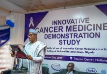 Dr. Iziaq Adekunle Salako Honourable Minister of State for Health & Social Welfare delivering his keynote address at the Launching of the " Innovative Cancer Medicine Demonstration Study" @ the National Hospital, Abuja.