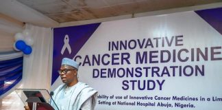 Dr. Iziaq Adekunle Salako Honourable Minister of State for Health & Social Welfare delivering his keynote address at the Launching of the " Innovative Cancer Medicine Demonstration Study" @ the National Hospital, Abuja.