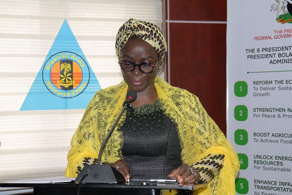 The Permanent Secretary, Federal Ministry of Women Affairs and Social Development, Dr. Maryam Ismaila Keshinron delivering her welcome address during a "Stakeholders’ Engagement on the Mainstreaming and Enhanced Implementation of the Renewed Hope Agenda for Nigerian Women, Children, Families, and the Vulnerable", held at the Army Resource Centre, Abuja