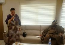 The Honourable Chairman, Federal Civil Service Commission (FCSC) Prof. Tunji Olaopa (Right) with Dr. (Mrs) Dere Awosika when Awosika paid him a courtesy visit.