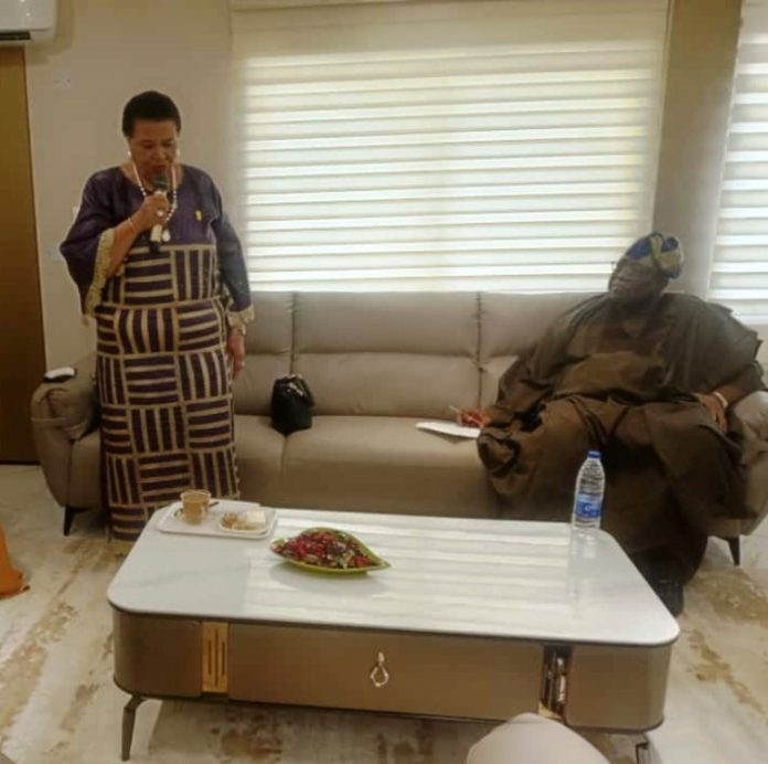 The Honourable Chairman, Federal Civil Service Commission (FCSC) Prof. Tunji Olaopa (Right) with Dr. (Mrs) Dere Awosika when Awosika paid him a courtesy visit.