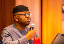 The Honourable Minister of Water Resources and Sanitation, Engr. Prof. Joseph Terlumun Utsev, delivering his keynote address at the SURWASH Review Meeting.