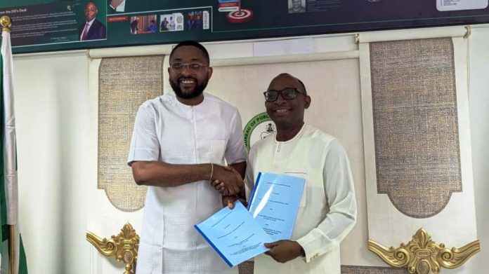 Exchanging pleasantries after signing of Memoradum Director-General, Bureau of Public Procurement (BPP), Dr. Adebowale A. Adedokun, FCIPS, ACFE, right, and the Registrar/Chief Executive Officer of the Equipment Leasing Regulation Authority (ELRA), Donald Wokoma, exchanging pleasantries after signing of Memorandum of Understanding at BPP office in Abuja