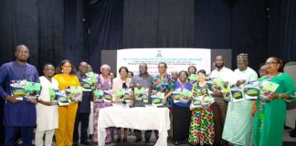 Middle: Dr. Nse Akpan Director Port Health Division representing the Permanent Secretary; To his Right: Dr. Margaret Mafe, Chairman NTD-WASH Subcommittee; To his Left: Mrs. Chinwe Okoye, Programme Manager, National Lymphatic Filariasis Elimination Programme FMoHSW Supported by Representatives from the World Health Organisation WHO and, other Development Partners.