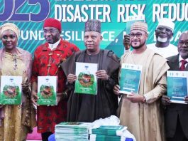 From left. Director General National Emergency Management Agency (NEMA), Zubaida Umar; Deputy Speaker, House of Representative, Benjamin Kalu; Vice President Kashim Shettima; Governor of Zamfara State, Dauda Lawal and Minister of State for Humanitarian Affairs and Poverty Reduction, Dr Yusuf Tanko Sununu during International Day for Disaster Risk Reduction 2025 (IDDRR) and Strategy Launch in Abuja on Monday (13/10/2025).