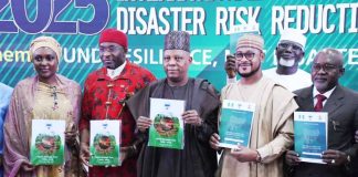 From left. Director General National Emergency Management Agency (NEMA), Zubaida Umar; Deputy Speaker, House of Representative, Benjamin Kalu; Vice President Kashim Shettima; Governor of Zamfara State, Dauda Lawal and Minister of State for Humanitarian Affairs and Poverty Reduction, Dr Yusuf Tanko Sununu during International Day for Disaster Risk Reduction 2025 (IDDRR) and Strategy Launch in Abuja on Monday (13/10/2025).