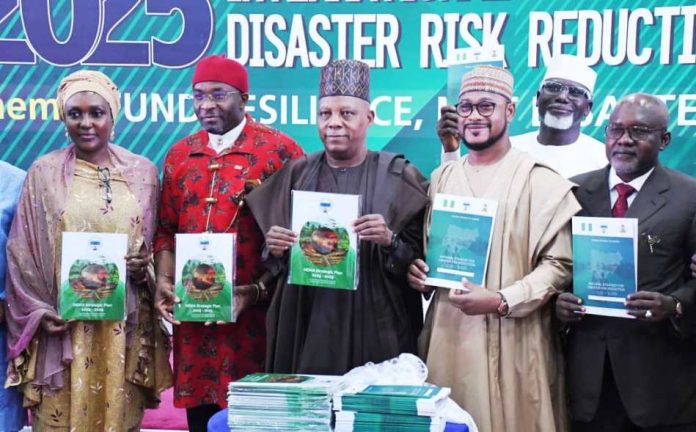 FG Moves To Empower Communities From left. Director General National Emergency Management Agency (NEMA), Zubaida Umar; Deputy Speaker, House of Representative, Benjamin Kalu; Vice President Kashim Shettima; Governor of Zamfara State, Dauda Lawal and Minister of State for Humanitarian Affairs and Poverty Reduction, Dr Yusuf Tanko Sununu during International Day for Disaster Risk Reduction 2025 (IDDRR) and Strategy Launch in Abuja on Monday (13/10/2025).