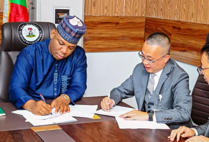 Honourable Minister of Steel Development, Prince Shuaibu Abubakar Audu and Vice Chairman of RSIN Group Mr. You Xiastian, during the signing of a Joint Strategic Cooperation Declaration with Stellar Steel Company Limited in the Honourable Minister's Office in Abuja on Tuesday 28th October, 2025.