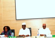 L-R 1. Mrs Rita Okolie, Director, FAAC, OAGF 2. Mr Shamsudeen Ogunjimi, Accountant General of the Federation and 3. Dr Ali Mohammed, Director Home Finance, Federal Ministry of Finance, Abuja, during the FAAC meeting today held at the Federal Ministry of Finance Headquarters Abuja.