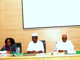 L-R 1. Mrs Rita Okolie, Director, FAAC, OAGF 2. Mr Shamsudeen Ogunjimi, Accountant General of the Federation and 3. Dr Ali Mohammed, Director Home Finance, Federal Ministry of Finance, Abuja, during the FAAC meeting today held at the Federal Ministry of Finance Headquarters Abuja.