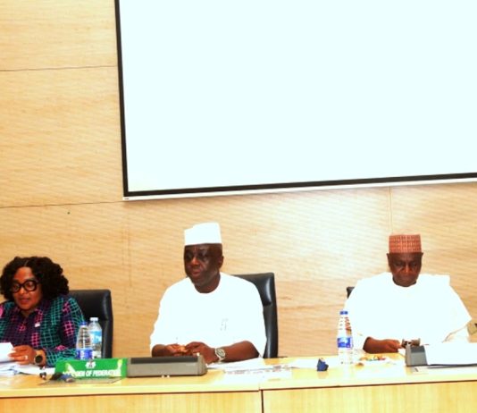 L-R 1. Mrs Rita Okolie, Director, FAAC, OAGF 2. Mr Shamsudeen Ogunjimi, Accountant General of the Federation and 3. Dr Ali Mohammed, Director Home Finance, Federal Ministry of Finance, Abuja, during the FAAC meeting today held at the Federal Ministry of Finance Headquarters Abuja.