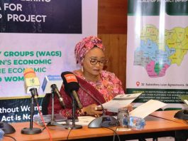 Honourable Minister of Women Affairs and Social Development Hon. Imaan Suleiman Ibrahim fsi, delivering her keynote address, at the inauguration of NFWP-SU Committee held today, at Transcorp Hilton, Abuja.