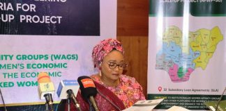 Honourable Minister of Women Affairs and Social Development Hon. Imaan Suleiman Ibrahim fsi, delivering her keynote address, at the inauguration of NFWP-SU Committee held today, at Transcorp Hilton, Abuja.