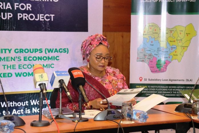 HM of Women Affairs Hon. Imaan Suleiman Honourable Minister of Women Affairs and Social Development Hon. Imaan Suleiman Ibrahim fsi, delivering her keynote address, at the inauguration of NFWP-SU Committee held today, at Transcorp Hilton, Abuja.