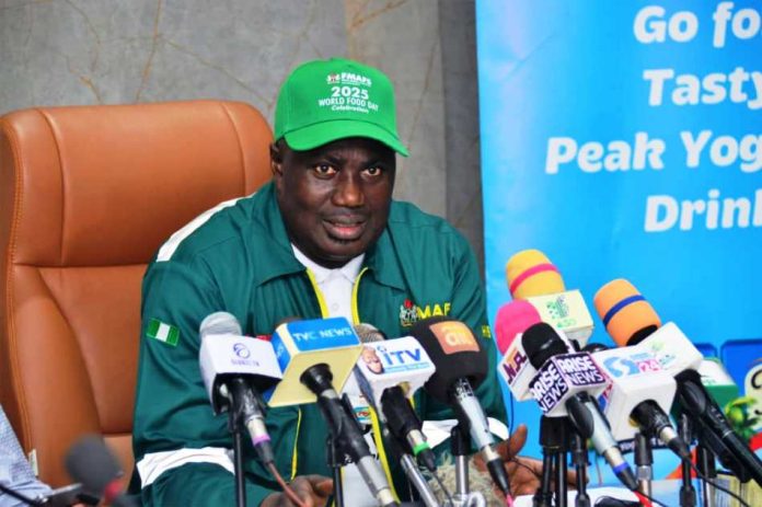 HMS Sen Dr Aliyu Sabi Abdullahi The Minister of State for Agriculture and Food Security, Sen Dr Aliyu Sabi Abdullahi during the Ministerial Press Briefing of the 2025 World Food Day Celebration.