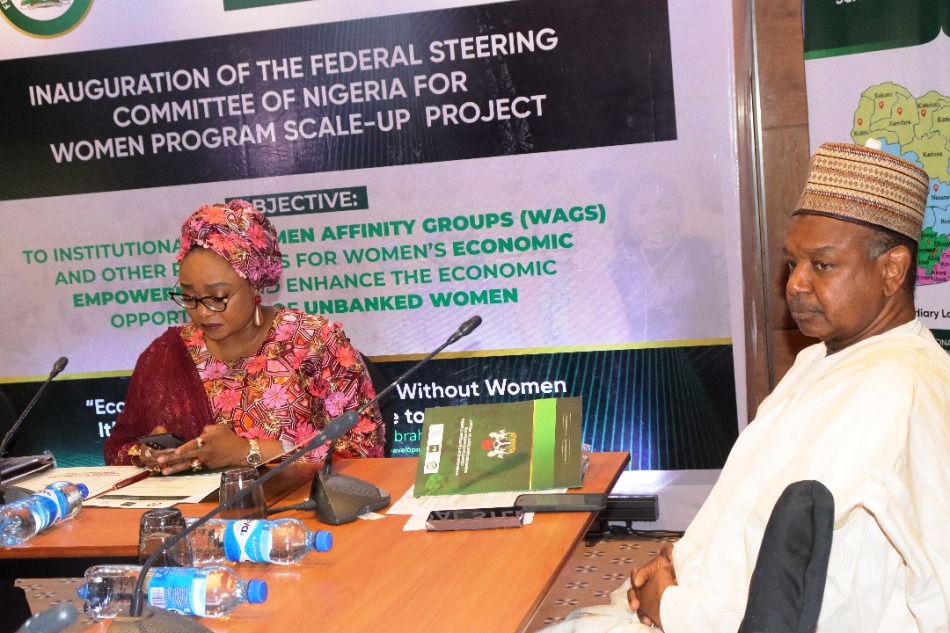 R-L The Hon. Minister of Women Affairs and Social Development, Hon. Imaan Suleiman Ibrahim fsi (left) with Senator Abubakar Atiku Bagudu, CON, Hon Minister of Budget and National Planning ( right) at the event held today, at Transcop Hilton,Abuja.