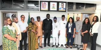 The Honourable Minister of Youth Development, Comrade Ayodele Olawande (middle), flanked by Management Staff of the Ministry, CEO of House of Destiny Global Limited and the National Commercial Tricycle and Motorcycle Owners and Riders Association of Nigeria (NATOMORAS), during the signing of a tripartite agreement aimed at empowering Nigerian youth, held in Abuja.