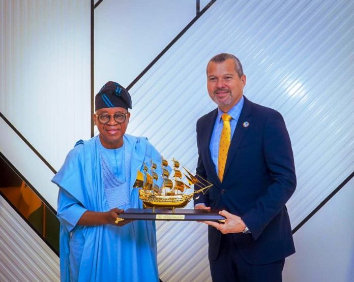 Minister of Marine and Blue Economy, Mr. Adegboyega Oyetola, CON, presenting a souvenir to the Secretary-General of the International Maritime Organization (IMO), Mr. Arsenio Domínguez, during the IMO Secretary-General’s visit to Nigeria, on Thursday.
