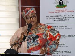 The Honourable Minister of Women Affairs and Social Development, Imaan Suleiman Ibrahim fsi delivering her speech during a "Stakeholders’ Engagement on the Mainstreaming and Enhanced Implementation of the Renewed Hope Agenda for Nigerian Women, Children, Families, and the Vulnerable", held at the Army Resource Centre, Abuja