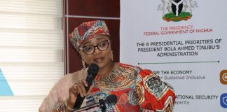 The Honourable Minister of Women Affairs and Social Development, Imaan Suleiman Ibrahim fsi delivering her speech during a "Stakeholders’ Engagement on the Mainstreaming and Enhanced Implementation of the Renewed Hope Agenda for Nigerian Women, Children, Families, and the Vulnerable", held at the Army Resource Centre, Abuja