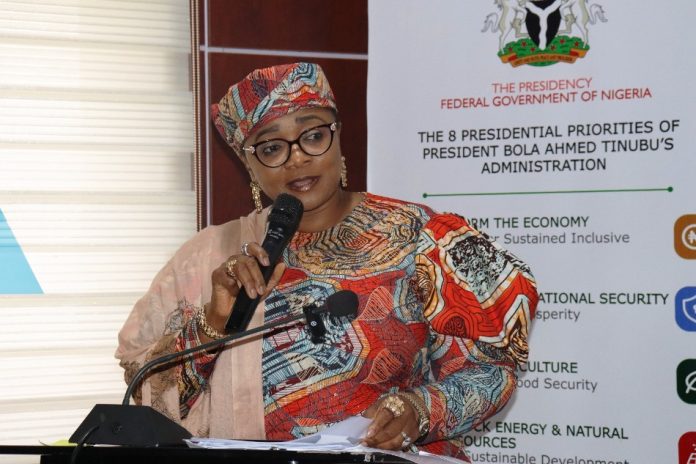 Imaan Suleiman Ibrahim delivering her speech The Honourable Minister of Women Affairs and Social Development, Imaan Suleiman Ibrahim fsi delivering her speech during a "Stakeholders’ Engagement on the Mainstreaming and Enhanced Implementation of the Renewed Hope Agenda for Nigerian Women, Children, Families, and the Vulnerable", held at the Army Resource Centre, Abuja
