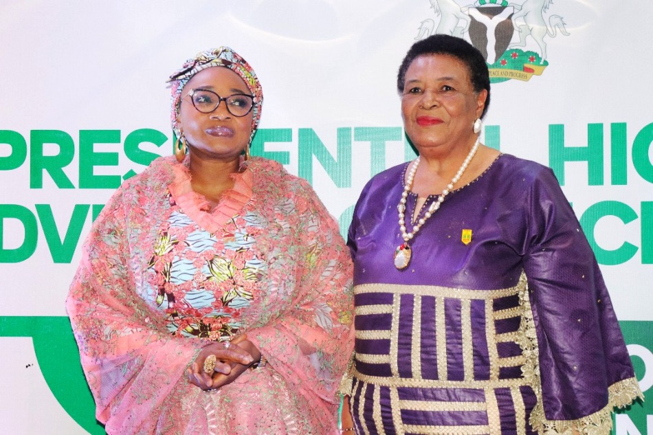 L-R The Honourable Minister of Women Affairs and Social Development, Imaan Suleiman brahim fsi, (Left) with Dr.(Mrs.) Ajoritsedere Awoshika OON, MFR, mni.(Right) during a Presidential High-Level Advisory Council (P-HLAC) on the Support of Women and Girls in Nigeria at the Transcorp Hilton, Abuja.