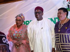 L-R The Honourable Minister of Women Affairs and Social Development, Imaan Suleiman brahim fsi, (Right), Honourable Minister of Health Prof. Mohammed Ali Pate (Middle), Dr.(Mrs.) Ajoritsedere Awoshika OON, MFR, mni.(Left) during a Presidential High-Level Advisory Council (P-HLAC) on the Support of Women and Girls in Nigeria at the Transcorp Hilton, Abuja.