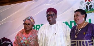 L-R The Honourable Minister of Women Affairs and Social Development, Imaan Suleiman brahim fsi, (Right), Honourable Minister of Health Prof. Mohammed Ali Pate (Middle), Dr.(Mrs.) Ajoritsedere Awoshika OON, MFR, mni.(Left) during a Presidential High-Level Advisory Council (P-HLAC) on the Support of Women and Girls in Nigeria at the Transcorp Hilton, Abuja.