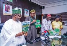 Launching of the 2024 NDGS Report by Dr. Iziaq Adekunle Salako Honourable Minister of State for Health & Social Welfare. To his Right: Honourable Nasir Isa Kwarra, Chairman National Population Commission To his Left: Director Health Planning Research Statistics Department FMoHSW, Dr. Kamil Shoretire Extreme Left: Director Public Health Department FMoHSW, Dr. Godwin Ntadom.