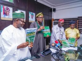 Launching of the 2024 NDGS Report by Dr. Iziaq Adekunle Salako Honourable Minister of State for Health & Social Welfare. To his Right: Honourable Nasir Isa Kwarra, Chairman National Population Commission To his Left: Director Health Planning Research Statistics Department FMoHSW, Dr. Kamil Shoretire Extreme Left: Director Public Health Department FMoHSW, Dr. Godwin Ntadom.