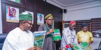 Launching of the 2024 NDGS Report by Dr. Iziaq Adekunle Salako Honourable Minister of State for Health & Social Welfare. To his Right: Honourable Nasir Isa Kwarra, Chairman National Population Commission To his Left: Director Health Planning Research Statistics Department FMoHSW, Dr. Kamil Shoretire Extreme Left: Director Public Health Department FMoHSW, Dr. Godwin Ntadom.
