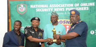 L_R: President, National Association of Online News Publishers (NAOSNP) Mr. Oki O. Samson, Commandant, Armed Forces Resettlement Centre, Air Vice Marshal Bashir Rimi Maman, Representative of Minister of Police Affairs, Mr. Bolaji Oladimeji Kazeem(Head Information & Public Relations Unit), during the National Association of Online News Publishers (NAOSNP) National Security Conference/Awards 2025, with a theme titled, Securing and Safeguarding Nigeria’s Economic Resources held at the Ballroom Oriental Hotel, Victoria Island, Lagos.