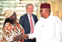 From left. UNDP Resident Representative, Ms. Elsie Attafuah ; EU Ambassador to Nigeria, Mr. Gautier Magnot and Vice President Kashim Shettima during Vice President Flags off Nigeria Jubilee Fellow Programme 2.0.(NJFP) Policy Dialogue (NJFP) at the Presidential Villa in Abuja on Monday (20102025).