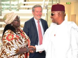 From left. UNDP Resident Representative, Ms. Elsie Attafuah ; EU Ambassador to Nigeria, Mr. Gautier Magnot and Vice President Kashim Shettima during Vice President Flags off Nigeria Jubilee Fellow Programme 2.0.(NJFP) Policy Dialogue (NJFP) at the Presidential Villa in Abuja on Monday (20102025).