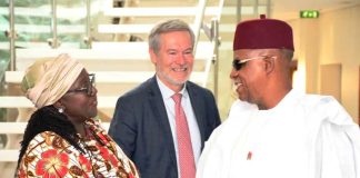 From left. UNDP Resident Representative, Ms. Elsie Attafuah ; EU Ambassador to Nigeria, Mr. Gautier Magnot and Vice President Kashim Shettima during Vice President Flags off Nigeria Jubilee Fellow Programme 2.0.(NJFP) Policy Dialogue (NJFP) at the Presidential Villa in Abuja on Monday (20102025).