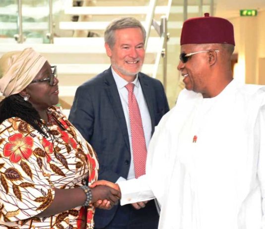 From left. UNDP Resident Representative, Ms. Elsie Attafuah ; EU Ambassador to Nigeria, Mr. Gautier Magnot and Vice President Kashim Shettima during Vice President Flags off Nigeria Jubilee Fellow Programme 2.0.(NJFP) Policy Dialogue (NJFP) at the Presidential Villa in Abuja on Monday (20102025).