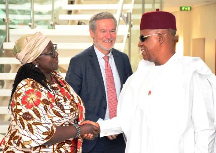 Nigeria Jubilee Fellow Programme 2.0.(NJFP) From left. UNDP Resident Representative, Ms. Elsie Attafuah ; EU Ambassador to Nigeria, Mr. Gautier Magnot and Vice President Kashim Shettima during Vice President Flags off Nigeria Jubilee Fellow Programme 2.0.(NJFP) Policy Dialogue (NJFP) at the Presidential Villa in Abuja on Monday (20102025).