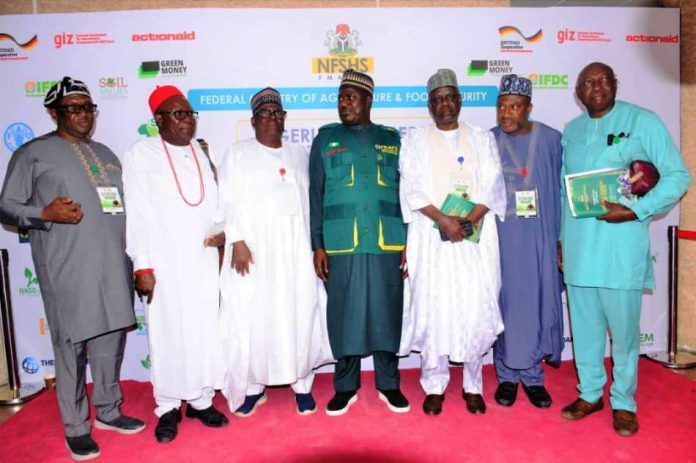 Nigerian Farmers Soil Health Scheme. The Minister of State for Agriculture and Food Security, Sen Dr Aliyu Sabi Abdullahi (C), and other stakeholders during the launching of the Nigerian Farmers Soil Health Scheme.