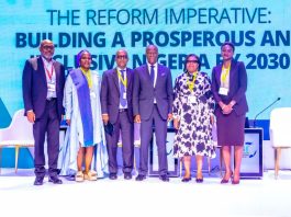 Left to Right: Omoboyede Olusanye (Vice President, Nigerian Economic Summit Group), Barbara Barungi ( Managing Partner, Imara Africa Consulting), Matthew Verghis (Country Director, World Bank), The Honourable Minister of Finance and Coordinating Minister of the Economy. Mr Wale Edun, Patience Oniha (Director-General Debt Management Office) DMO, Mrs Oluwakemi Owonubi Babalogbon (Executive Director Risk MOFI)