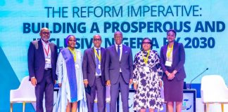 Left to Right: Omoboyede Olusanye (Vice President, Nigerian Economic Summit Group), Barbara Barungi ( Managing Partner, Imara Africa Consulting), Matthew Verghis (Country Director, World Bank), The Honourable Minister of Finance and Coordinating Minister of the Economy. Mr Wale Edun, Patience Oniha (Director-General Debt Management Office) DMO, Mrs Oluwakemi Owonubi Babalogbon (Executive Director Risk MOFI)