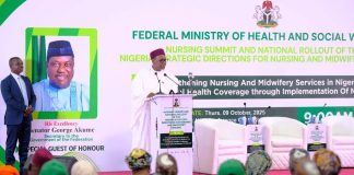 The Honourable Coordinating Minister for Health & Social Welfare Prof. Muhammad Ali Pate CON delivering his pungent special remarks during the Nursing Summit & Roll Out of the The Nigeria Strategic Directions for Nursing and Midwifery (NSDNM) 2025–2030: @ The NAF Centre Abuja.