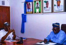 L-R : Executive Director of NIWRC Abdulmumin Mohammed Zaria and Surveyor General of the Federation Abdulganiyu Adebomehin Adeyemi during the meeting
