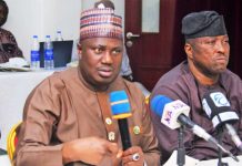 L-R, the Minister of State for Agriculture and Food Security, Sen Dr Aliyu Sabi Abdullahi and Director, Agricultural Land and Climate Change Management Services Department, Mr Oshadiya Olanipekun during the workshop in Abuja.