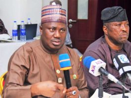 L-R, the Minister of State for Agriculture and Food Security, Sen Dr Aliyu Sabi Abdullahi and Director, Agricultural Land and Climate Change Management Services Department, Mr Oshadiya Olanipekun during the workshop in Abuja.