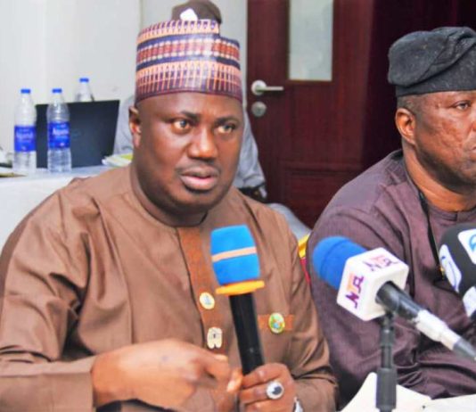 L-R, the Minister of State for Agriculture and Food Security, Sen Dr Aliyu Sabi Abdullahi and Director, Agricultural Land and Climate Change Management Services Department, Mr Oshadiya Olanipekun during the workshop in Abuja.